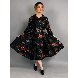 Vintage 1950s Silk Floral Swing Coat & Dress Ensemble